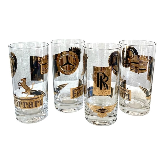 Set of 4 Vintage Luxury Automotive Glasses – Gold Emblem Collection - Picture 1 of 7
